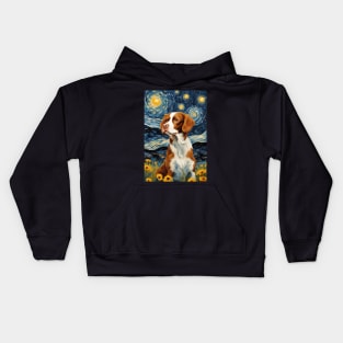 Cute Brittany Spaniel Dog Breed Painting in a Van Gogh Starry Night Art Style Kids Hoodie